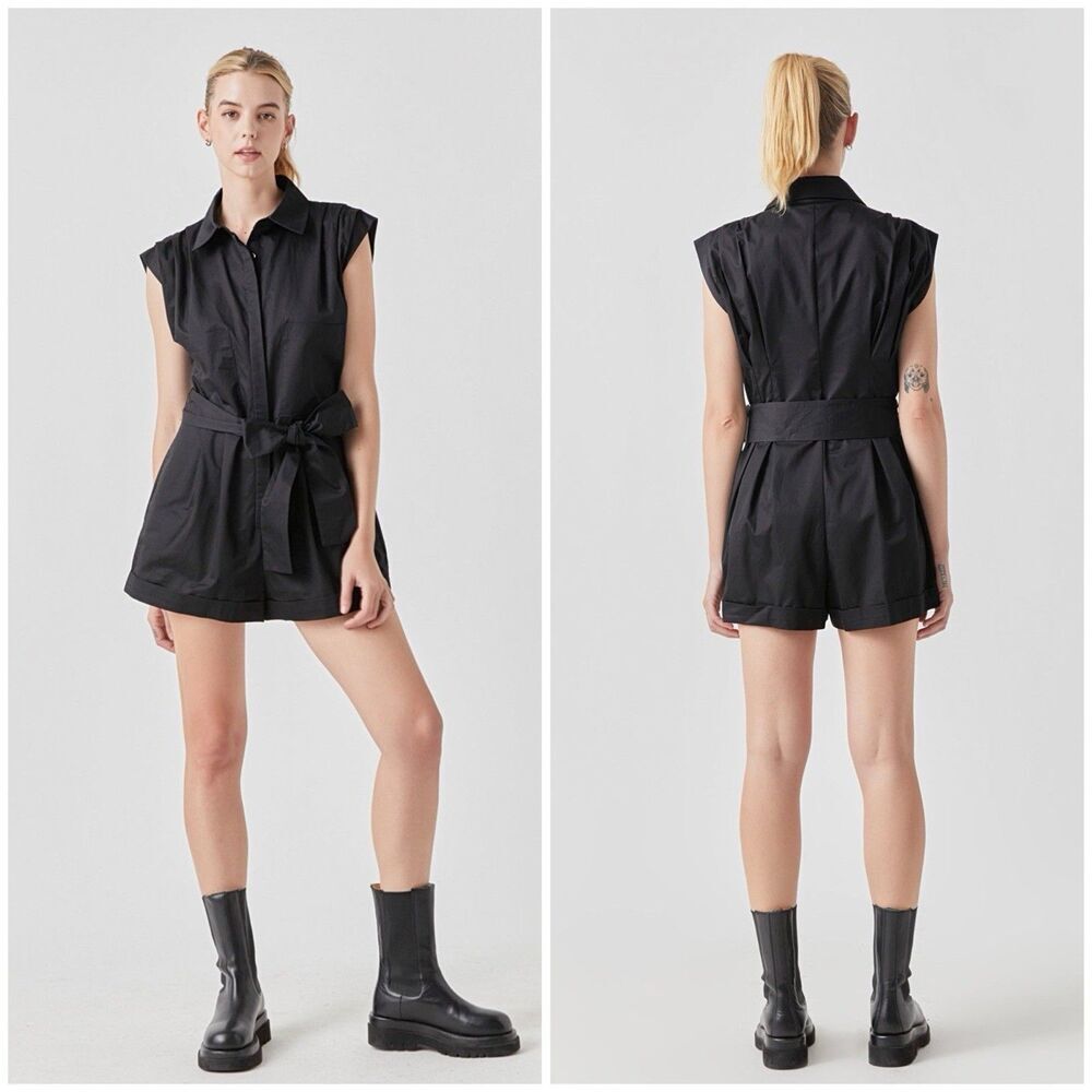 Grey Lab Black Shoulder Pleated Collared Utility Romper Size XS Sleeveless
